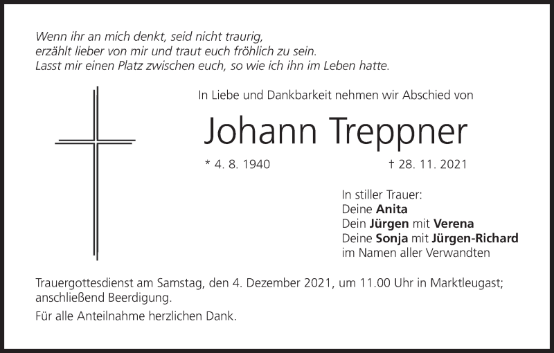  Traueranzeige für Johann Treppner vom 02.12.2021 aus MGO