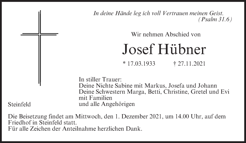  Traueranzeige für Josef Hübner vom 30.11.2021 aus MGO