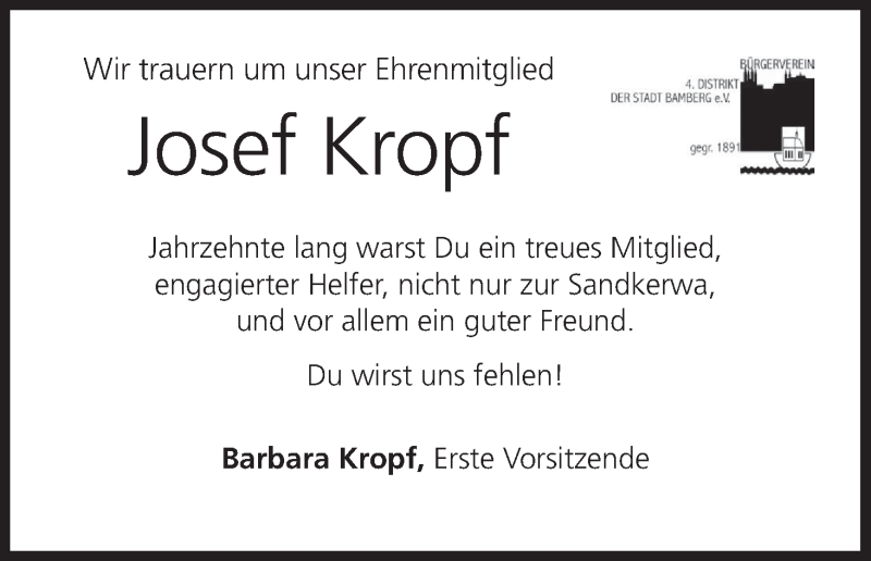  Traueranzeige für Josef Kropf vom 29.12.2021 aus MGO