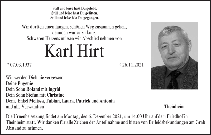 Traueranzeige für Karl Hirt vom 02.12.2021 aus MGO