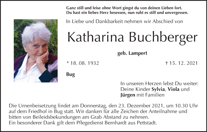  Traueranzeige für Katharina Buchberger vom 18.12.2021 aus MGO