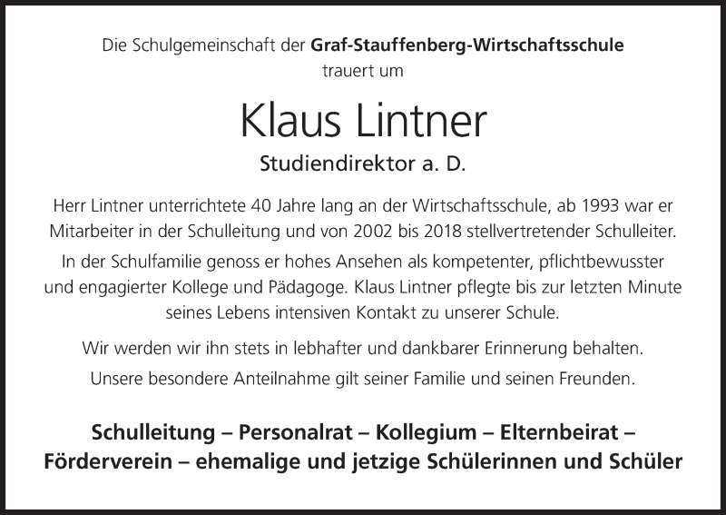  Traueranzeige für Klaus Lintner vom 08.12.2021 aus MGO
