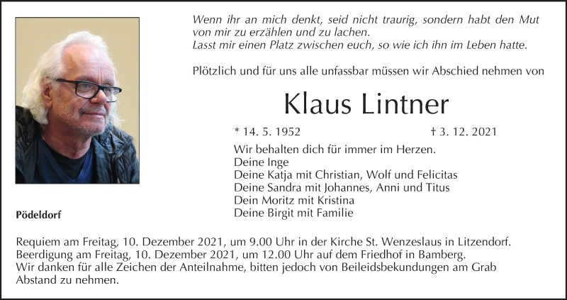  Traueranzeige für Klaus Lintner vom 07.12.2021 aus MGO