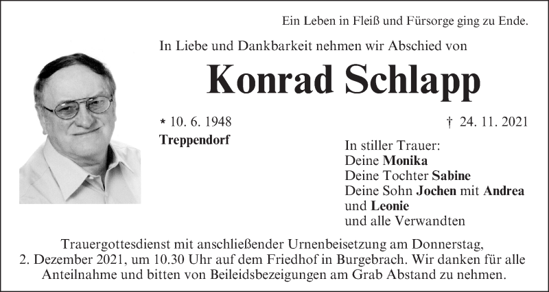  Traueranzeige für Konrad Schlapp vom 30.11.2021 aus MGO