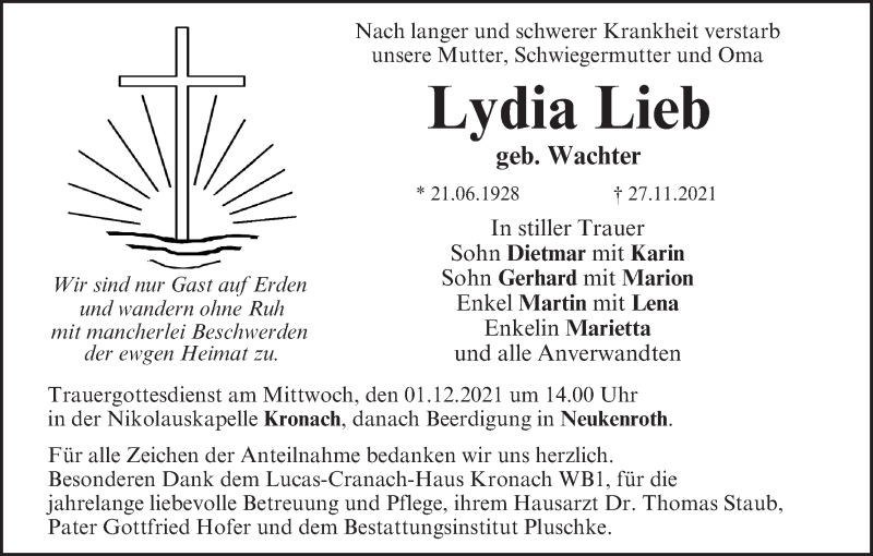  Traueranzeige für Lydia Lieb vom 30.11.2021 aus MGO