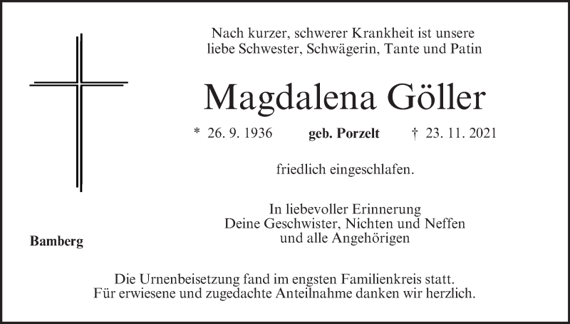  Traueranzeige für Magdalena Göller vom 18.12.2021 aus MGO