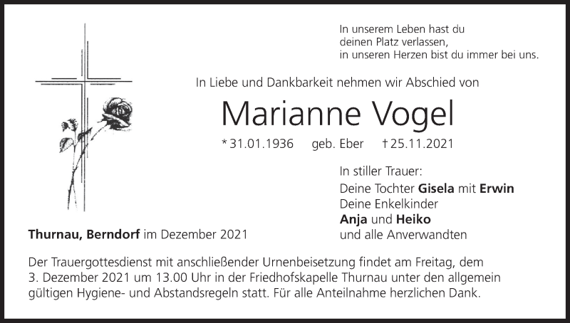  Traueranzeige für Marianne Vogel vom 02.12.2021 aus MGO