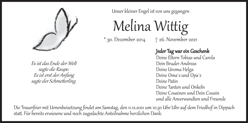  Traueranzeige für Melina Wittig vom 08.12.2021 aus MGO