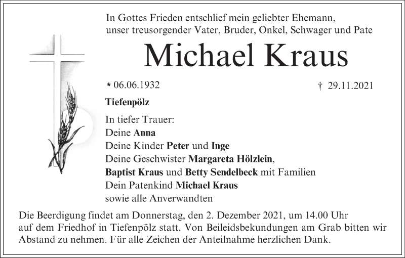  Traueranzeige für Michael Kraus vom 01.12.2021 aus MGO