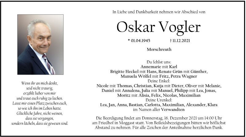  Traueranzeige für Oskar Vogler vom 14.12.2021 aus MGO