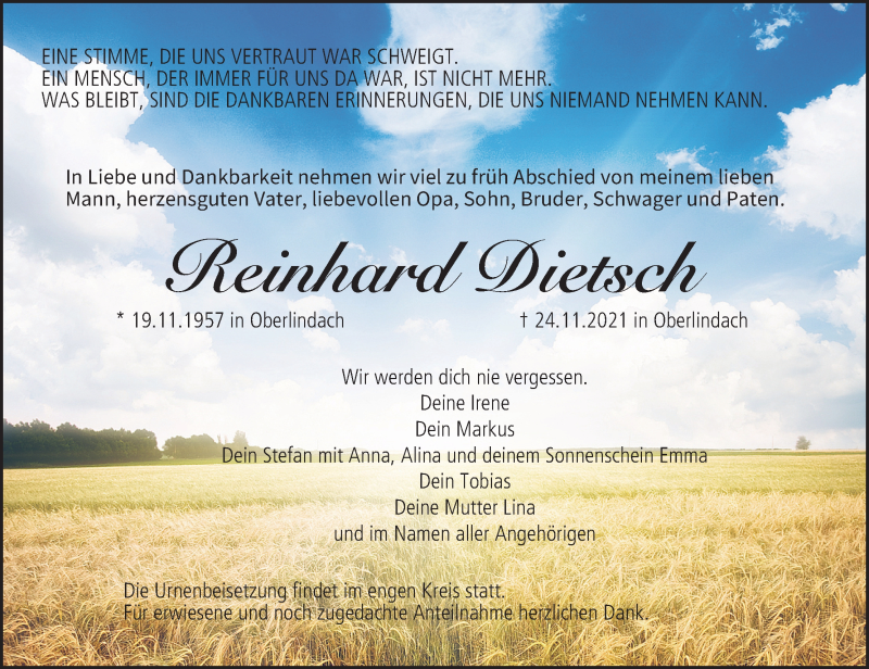  Traueranzeige für Reinhard Dietsch vom 01.12.2021 aus MGO