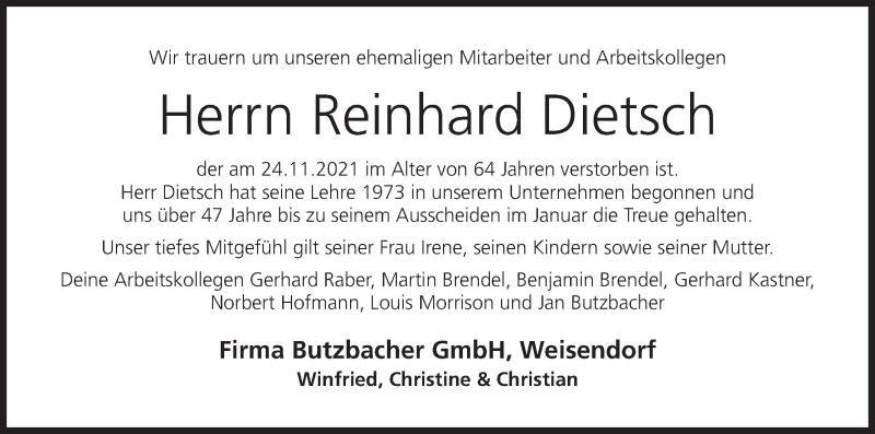  Traueranzeige für Reinhard Dietsch vom 04.12.2021 aus MGO