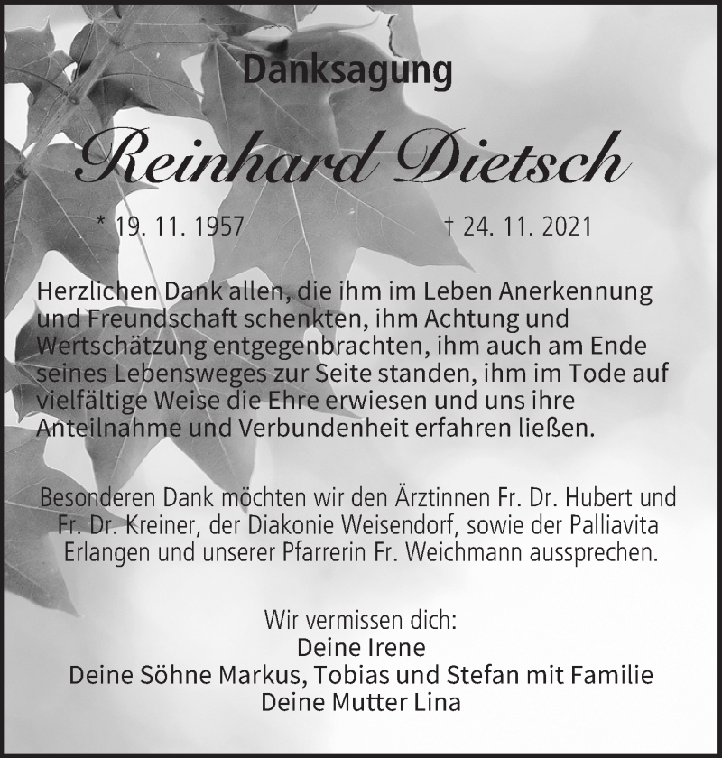  Traueranzeige für Reinhard Dietsch vom 16.12.2021 aus MGO