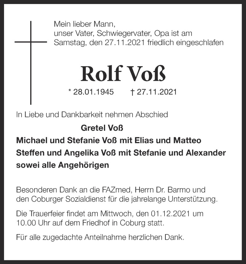  Traueranzeige für Rolf Voß vom 30.11.2021 aus MGO