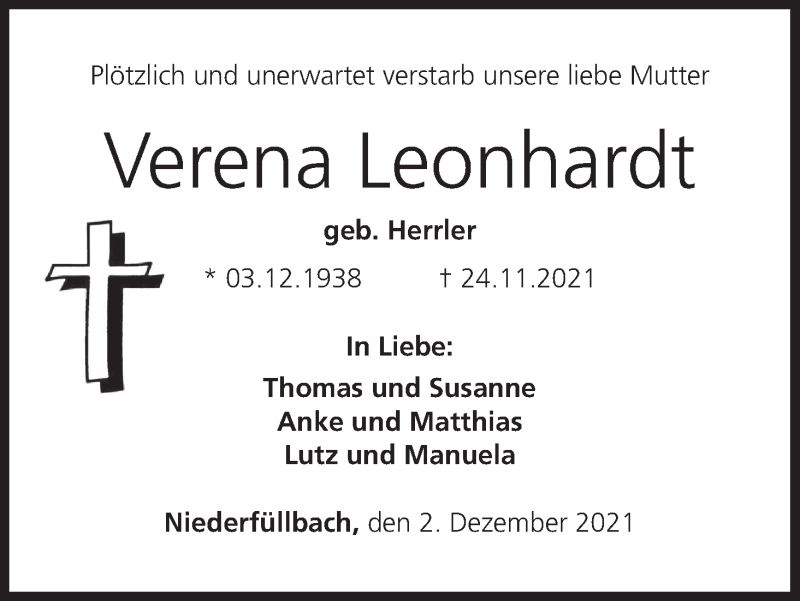  Traueranzeige für Verena Leonhardt vom 02.12.2021 aus MGO