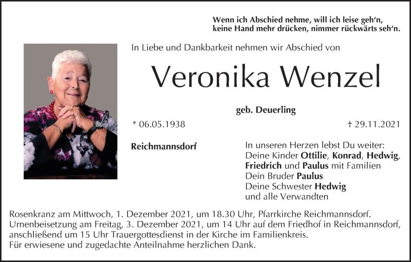  Traueranzeige für Veronika Wenzel vom 01.12.2021 aus MGO