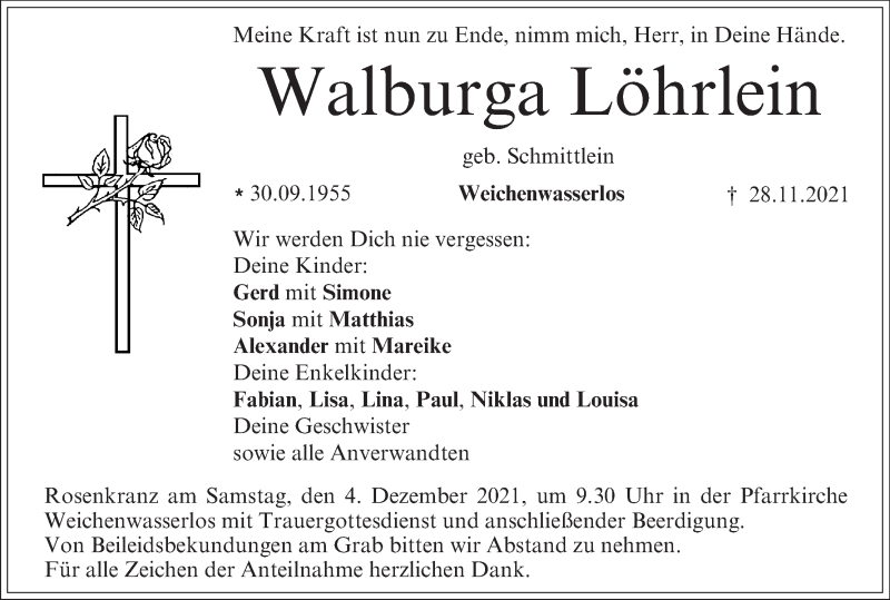  Traueranzeige für Walburga Löhrlein vom 02.12.2021 aus MGO