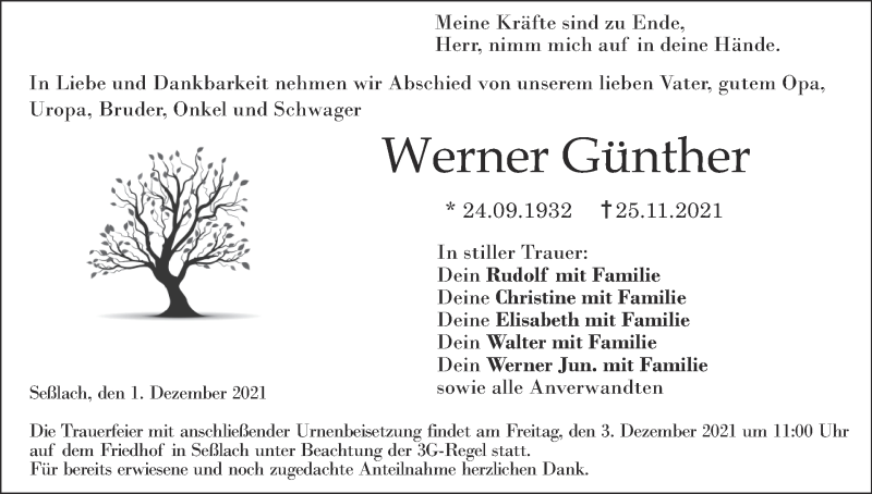  Traueranzeige für Werner Günther vom 01.12.2021 aus MGO