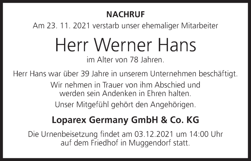  Traueranzeige für Werner Hans vom 02.12.2021 aus MGO