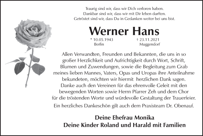  Traueranzeige für Werner Hans vom 18.12.2021 aus MGO