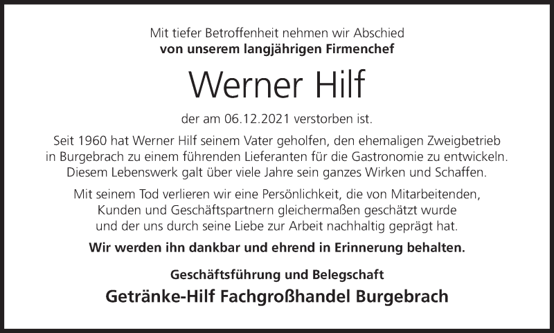  Traueranzeige für Werner Hilf vom 10.12.2021 aus MGO