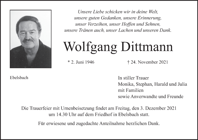  Traueranzeige für Wolfgang Dittmann vom 30.11.2021 aus MGO
