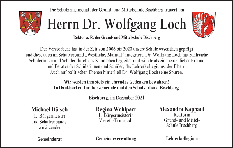  Traueranzeige für Wolfgang Loch vom 11.12.2021 aus MGO