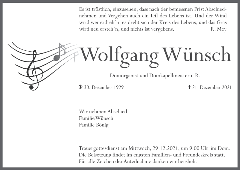  Traueranzeige für Wolfgang Wünsch vom 27.12.2021 aus MGO