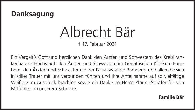  Traueranzeige für Albrecht Bär vom 27.02.2021 aus MGO