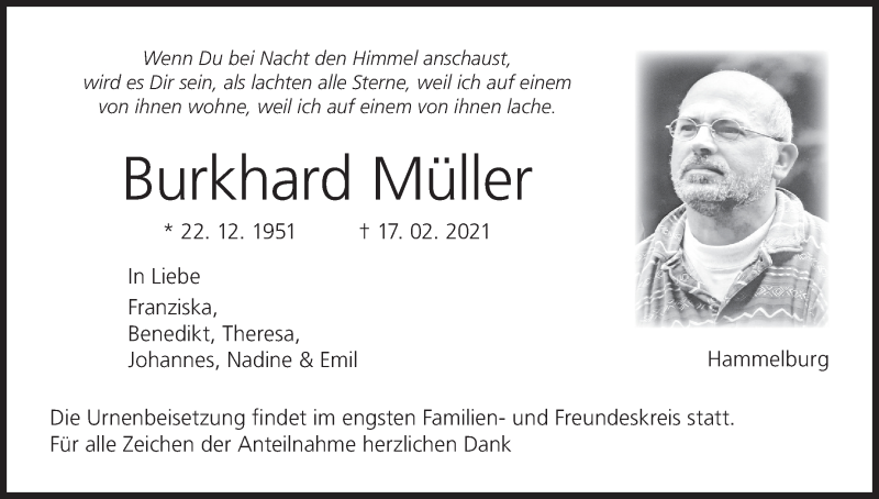 Traueranzeige für Burkhard Müller vom 23.02.2021 aus MGO