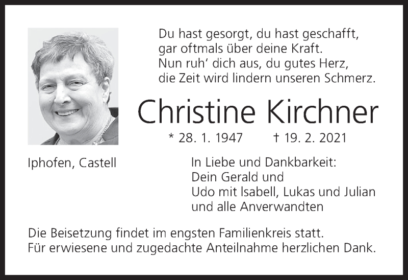  Traueranzeige für Christine Kirchner vom 24.02.2021 aus MGO