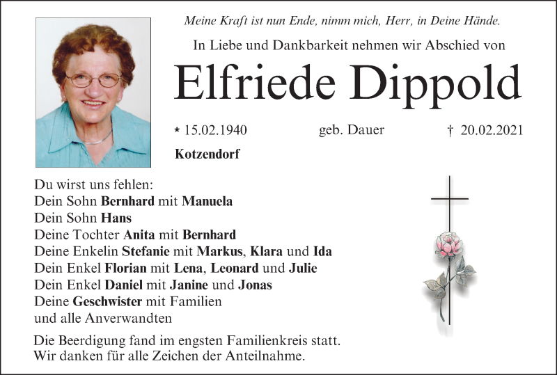  Traueranzeige für Elfriede Dippold vom 27.02.2021 aus MGO