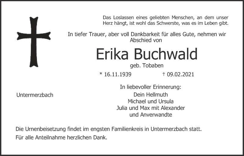  Traueranzeige für Erika Buchwald vom 12.02.2021 aus MGO