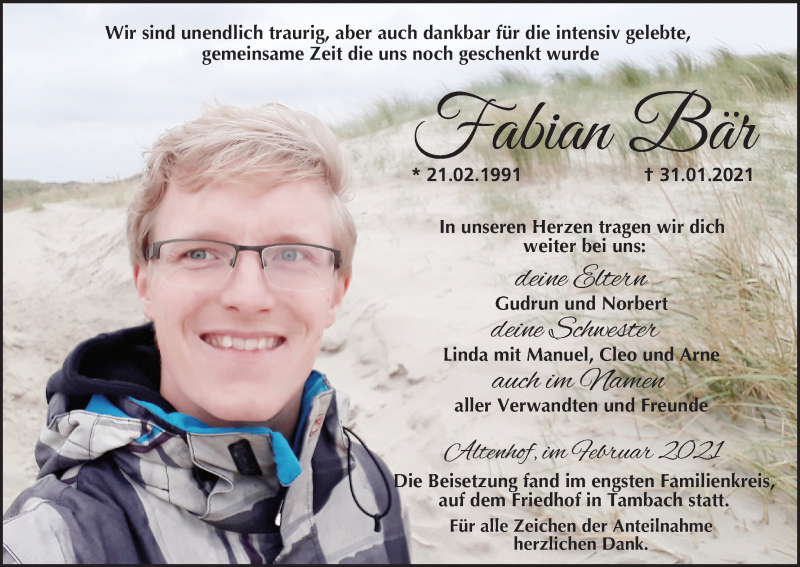 Traueranzeige für Fabian Bär vom 09.02.2021 aus MGO