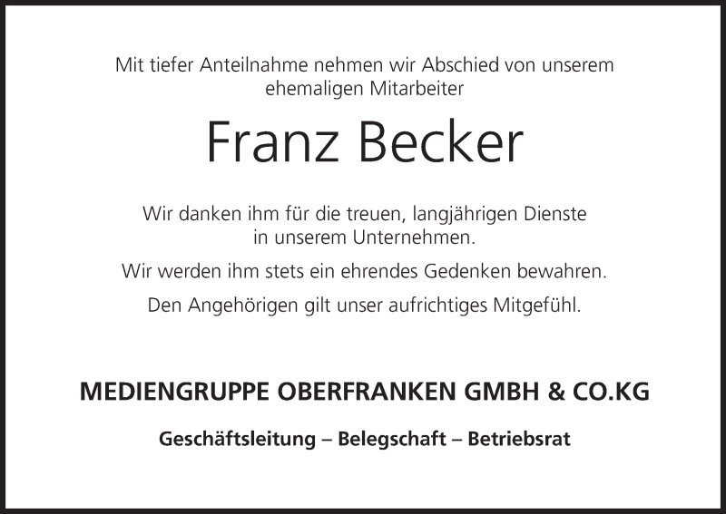  Traueranzeige für Franz Becker vom 22.02.2021 aus MGO