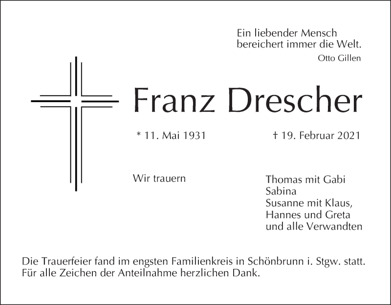  Traueranzeige für Franz Drescher vom 27.02.2021 aus MGO