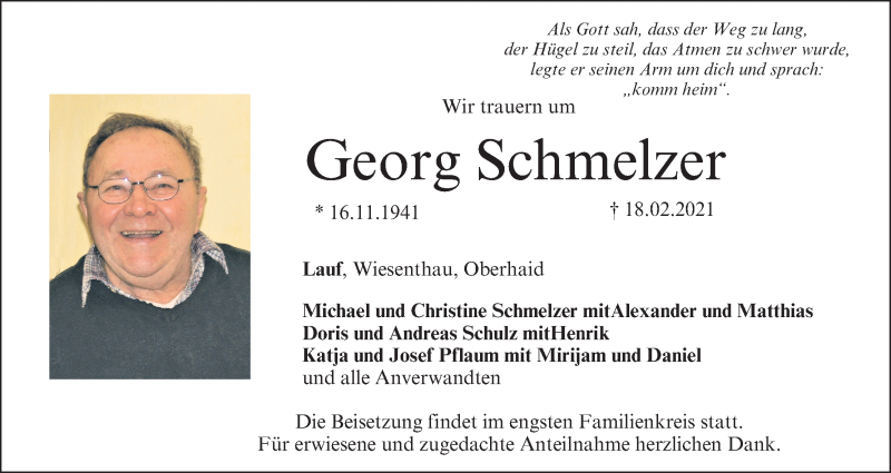  Traueranzeige für Georg Schmelzer vom 20.02.2021 aus MGO