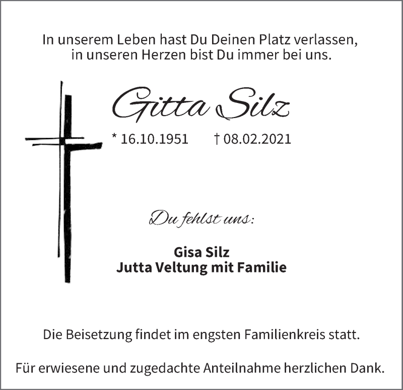  Traueranzeige für Gitta Silz vom 13.02.2021 aus MGO