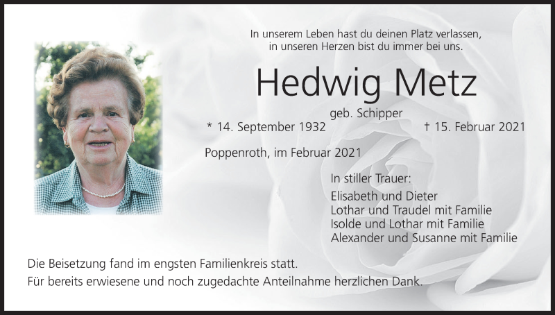  Traueranzeige für Hedwig Metz vom 27.02.2021 aus MGO