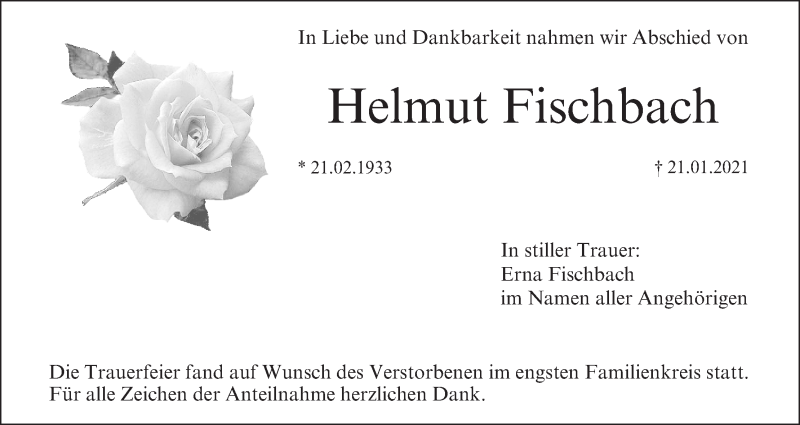  Traueranzeige für Helmut Fischbach vom 06.02.2021 aus MGO