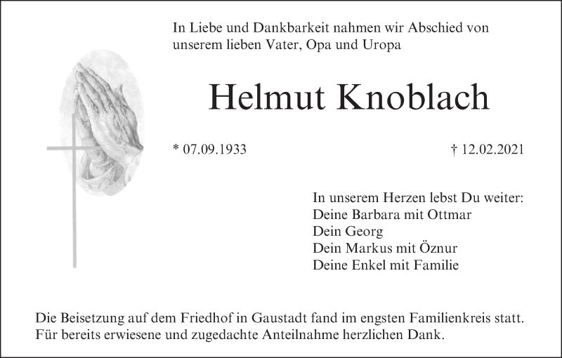  Traueranzeige für Helmut Knoblach vom 20.02.2021 aus MGO
