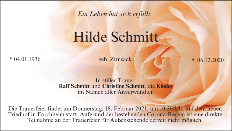  Traueranzeige für Hilde Schmitt vom 16.02.2021 aus MGO