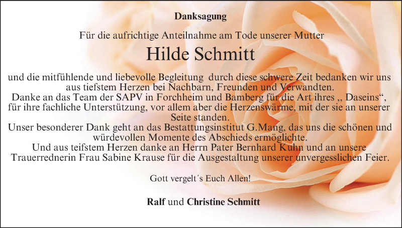  Traueranzeige für Hilde Schmitt vom 20.02.2021 aus MGO