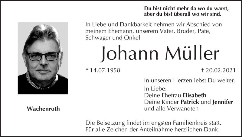  Traueranzeige für Johann Müller vom 23.02.2021 aus MGO