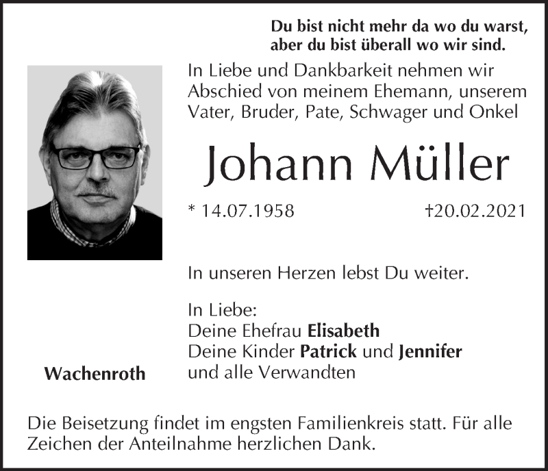  Traueranzeige für Johann Müller vom 23.02.2021 aus MGO