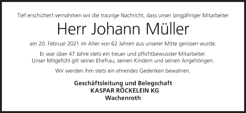  Traueranzeige für Johann Müller vom 26.02.2021 aus MGO