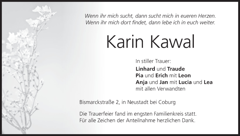  Traueranzeige für Karin Kawal vom 20.02.2021 aus MGO