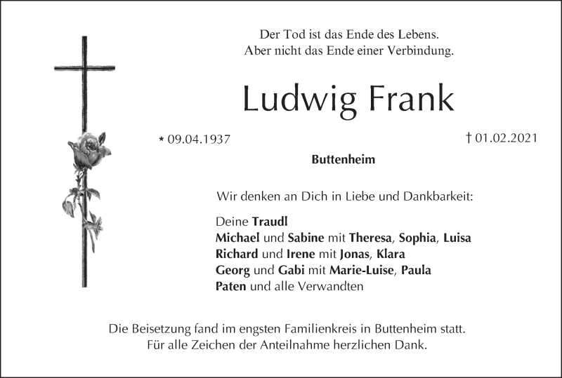  Traueranzeige für Ludwig Frank vom 06.02.2021 aus MGO