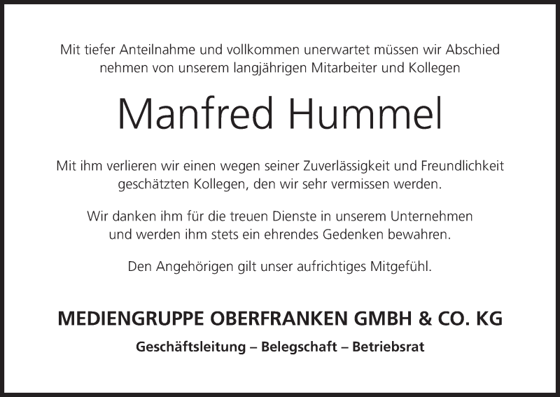  Traueranzeige für Manfred Hummel vom 13.02.2021 aus MGO