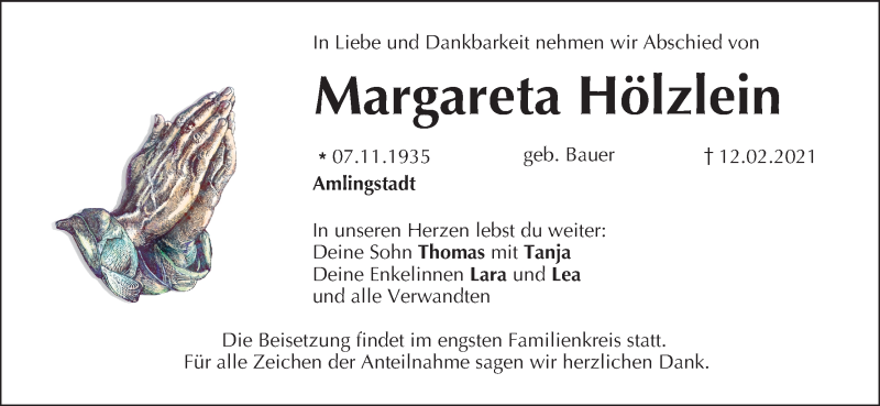  Traueranzeige für Margareta Hölzlein vom 20.02.2021 aus MGO